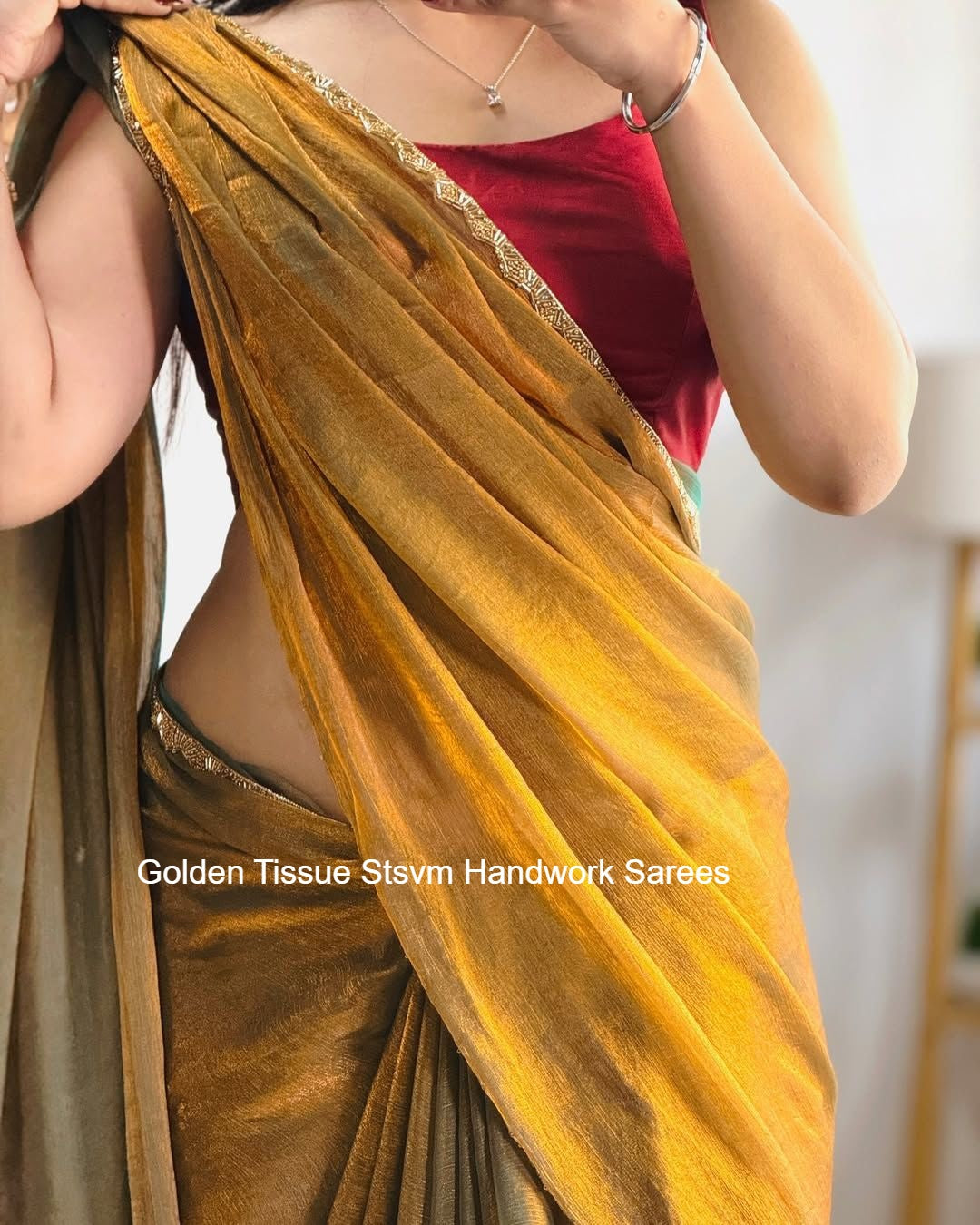 Golden Tissue Stsvm Handwork Sarees