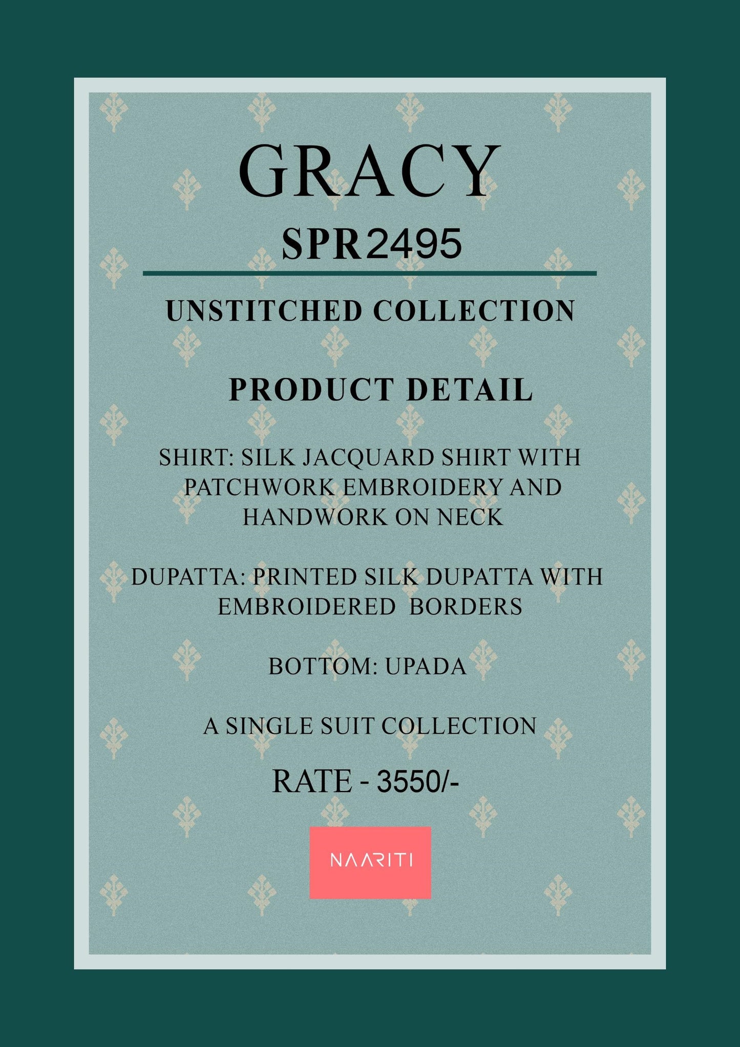 Gracy 2495 Naariti Embroidery Unstitched Suits