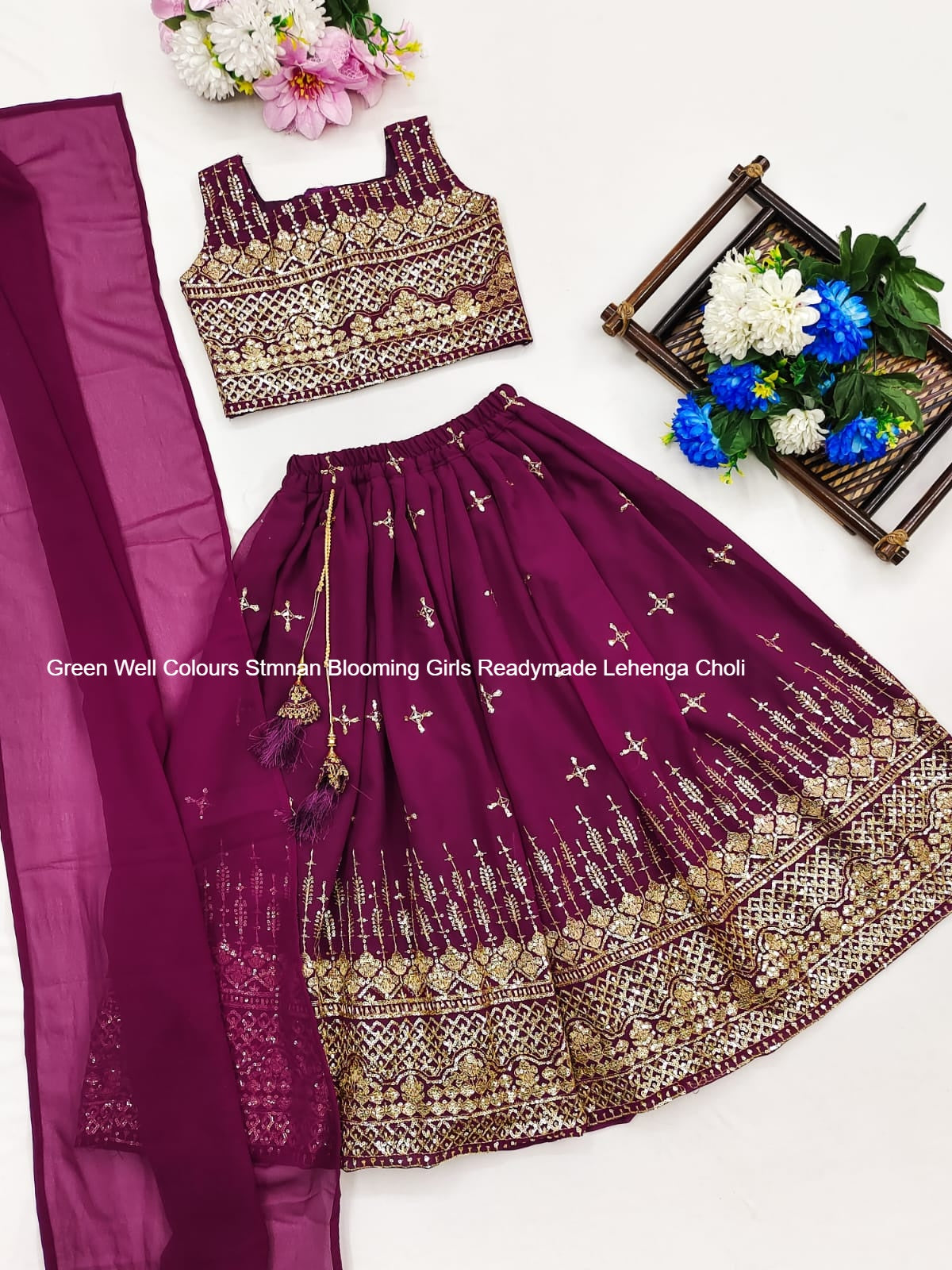 Green Well Colours Stmnan Blooming Girls Readymade Lehenga Choli