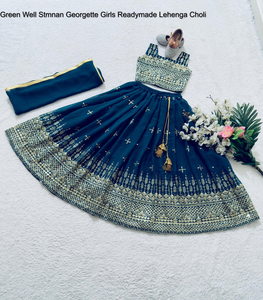 Green Well Stmnan Georgette Girls Readymade Lehenga Choli