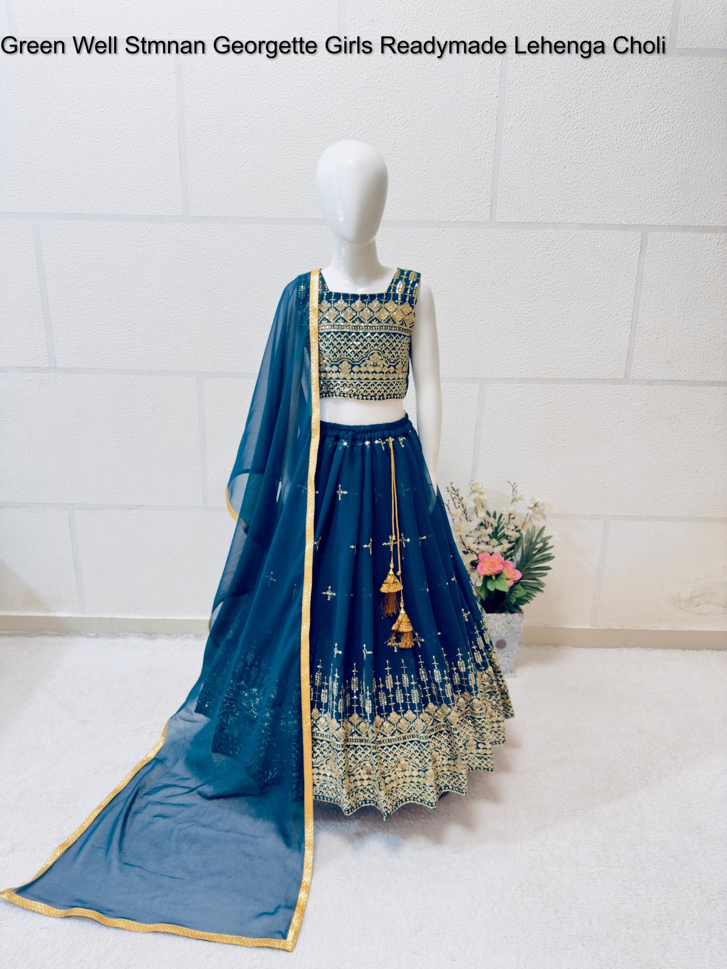 Green Well Stmnan Georgette Girls Readymade Lehenga Choli