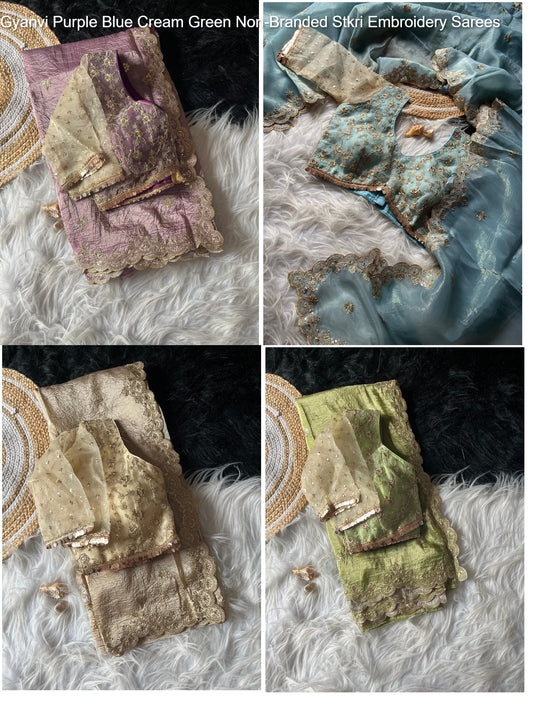 Gyanvi Purple Blue Cream Green Non-Branded Stkri Embroidery Sarees