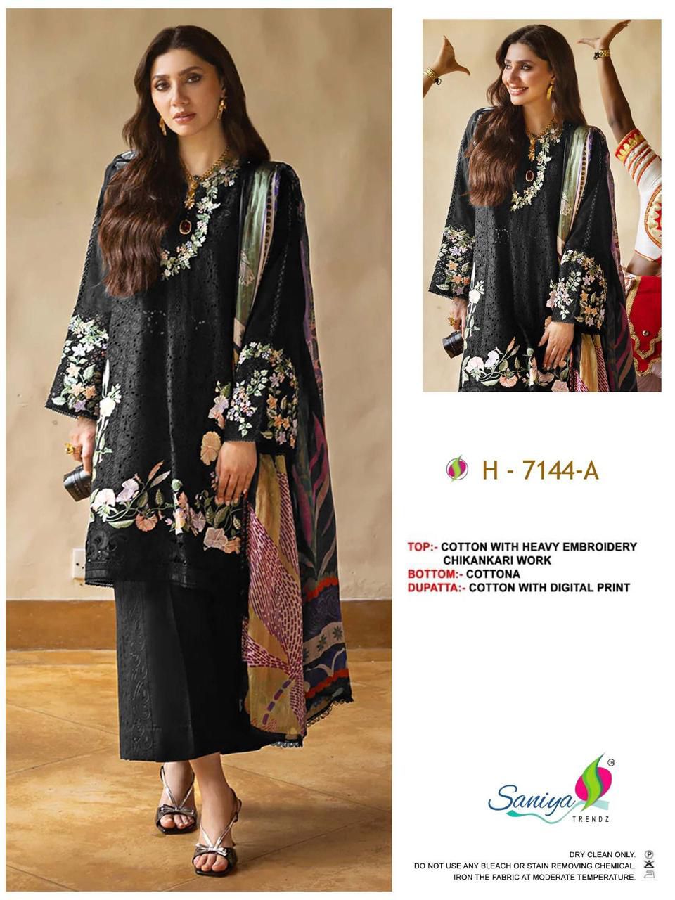 H-7144-A Black Saniya Trendz Pure Cotton Pakistani Salwar Suits