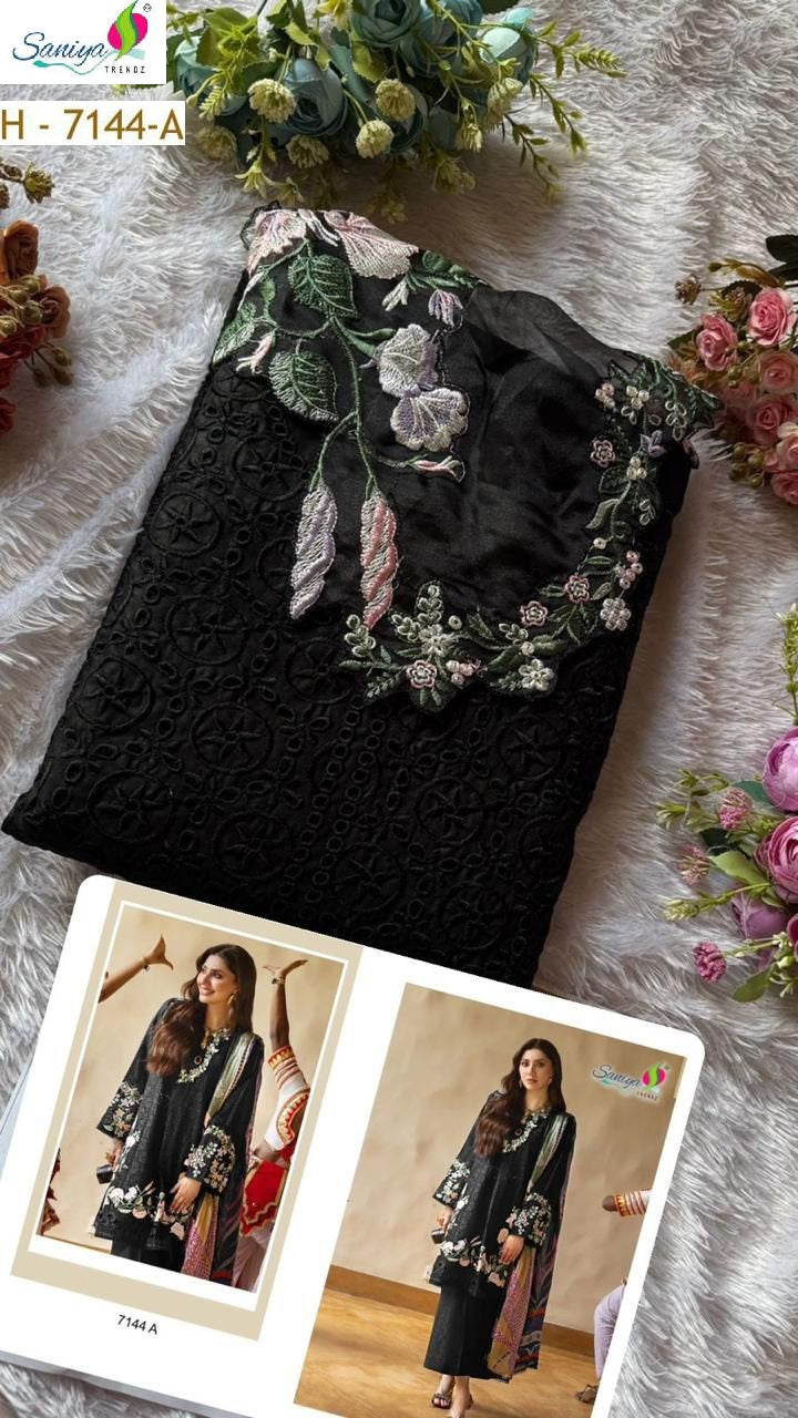H-7144-A Black Saniya Trendz Pure Cotton Pakistani Salwar Suits
