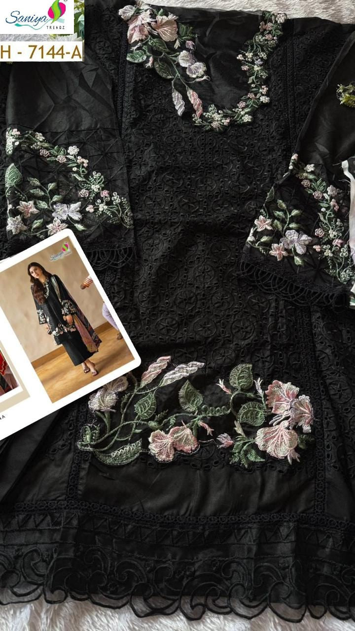 H-7144-A Black Saniya Trendz Pure Cotton Pakistani Salwar Suits