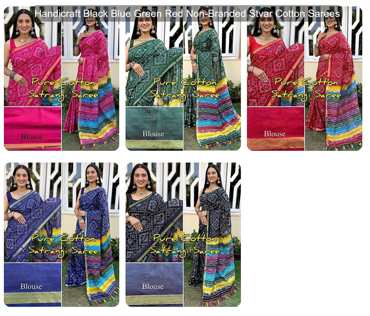 Handicraft Black Blue Green Red Non-Branded Stvar Cotton Sarees