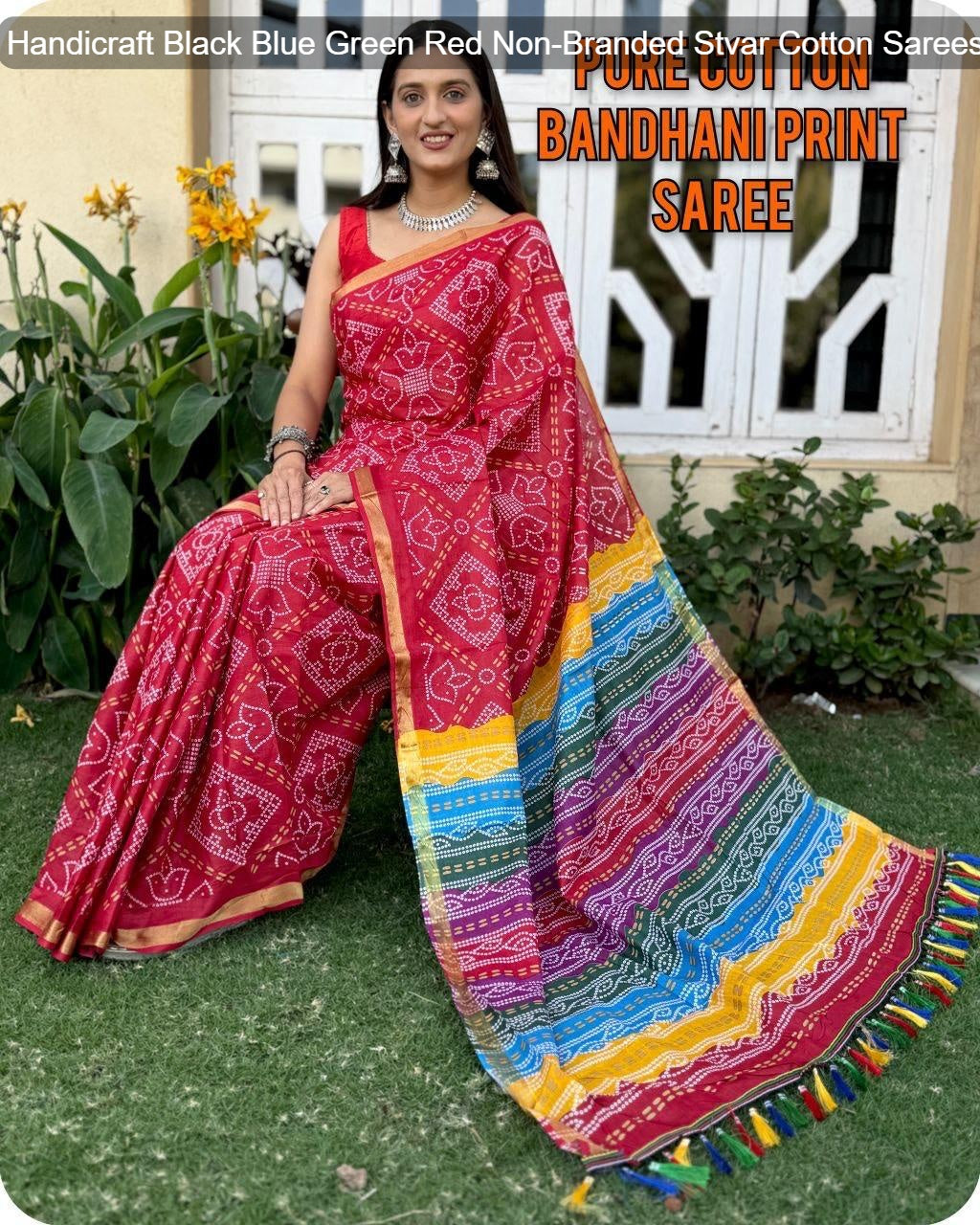 Handicraft Black Blue Green Red Non-Branded Stvar Cotton Sarees