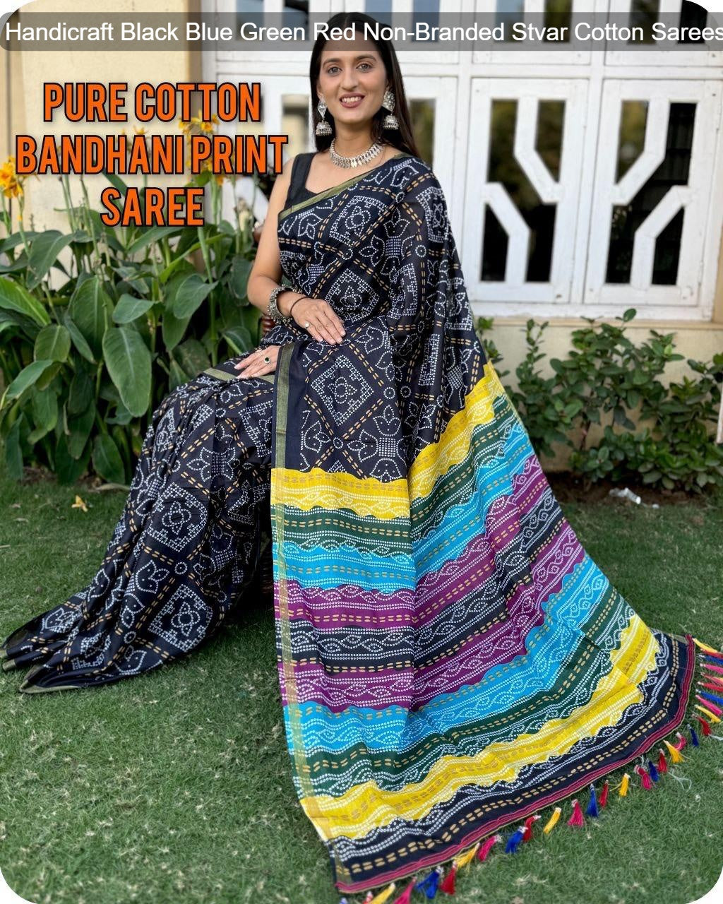 Handicraft Black Blue Green Red Non-Branded Stvar Cotton Sarees