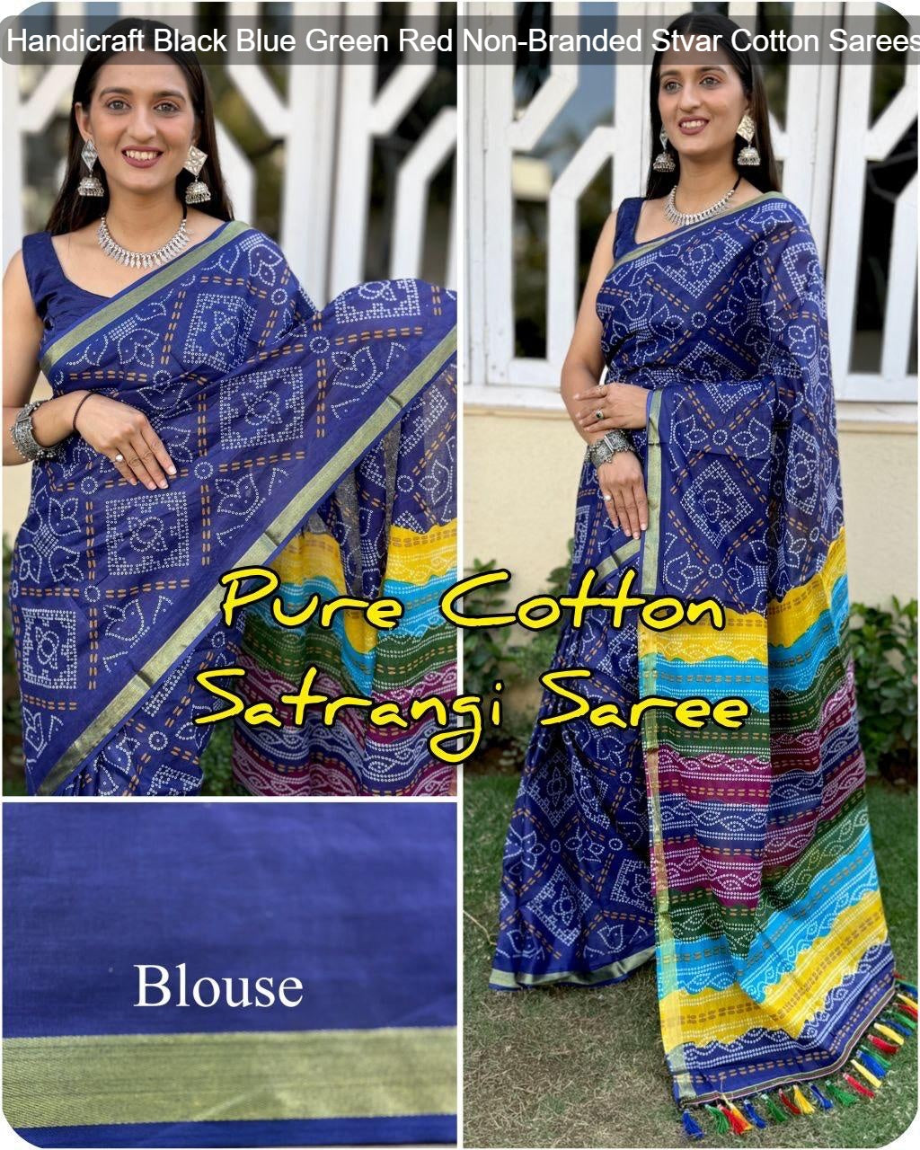 Handicraft Black Blue Green Red Non-Branded Stvar Cotton Sarees