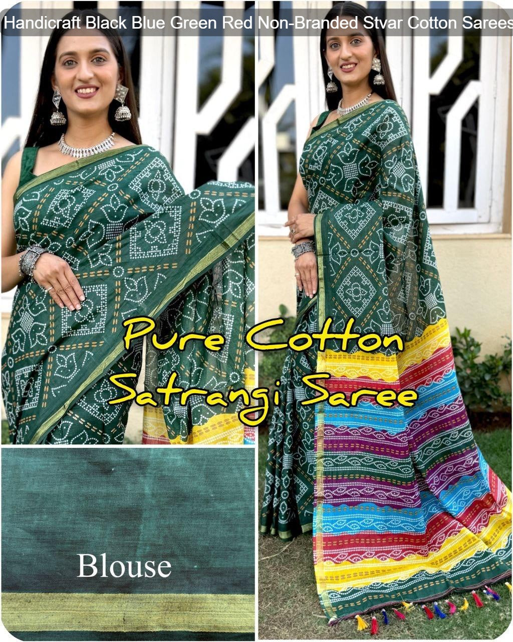 Handicraft Black Blue Green Red Non-Branded Stvar Cotton Sarees