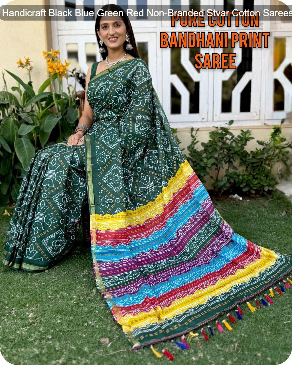 Handicraft Black Blue Green Red Non-Branded Stvar Cotton Sarees