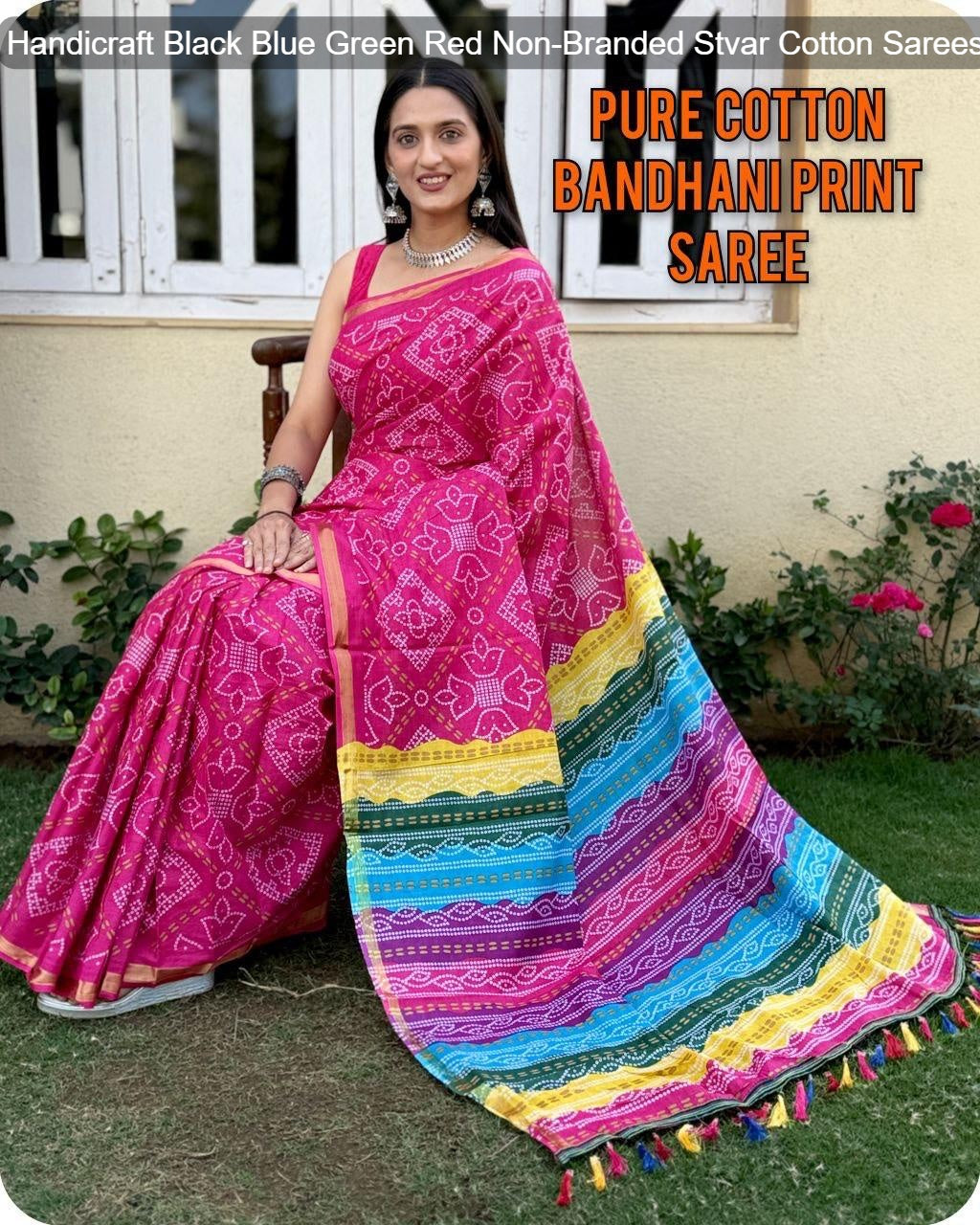 Handicraft Black Blue Green Red Non-Branded Stvar Cotton Sarees