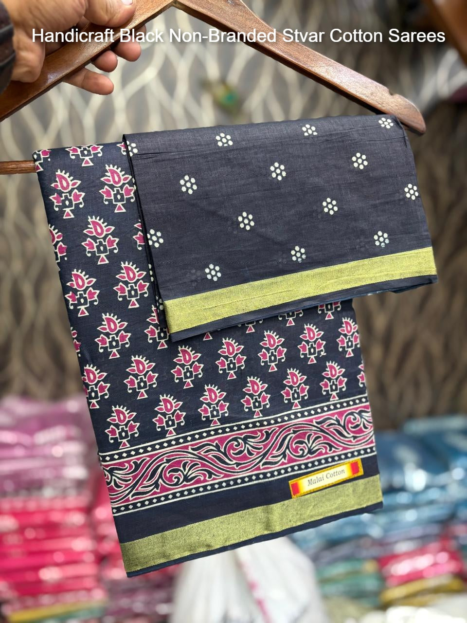 Handicraft Black Non-Branded Stvar Cotton Sarees