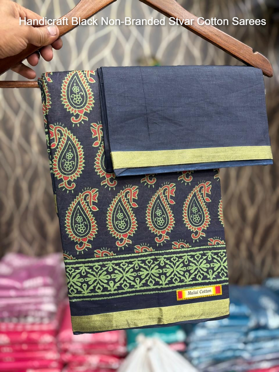 Handicraft Black Non-Branded Stvar Cotton Sarees