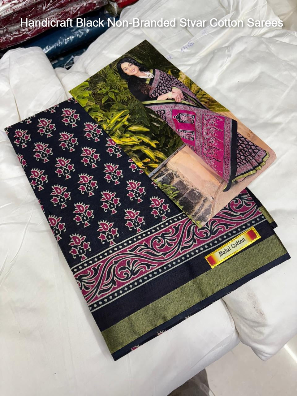 Handicraft Black Non-Branded Stvar Cotton Sarees