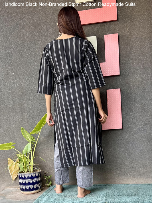 Handloom Black Non-Branded Stpmr Cotton Readymade Suits