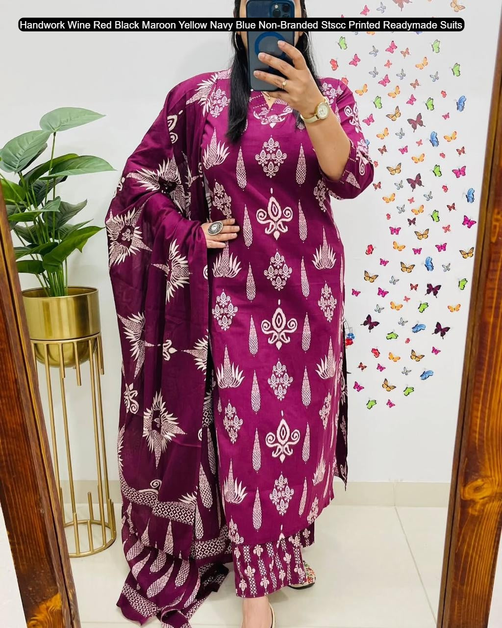 Handwork Wine Red Black Maroon Yellow Navy Blue Non-Branded Stscc Printed Readymade Suits