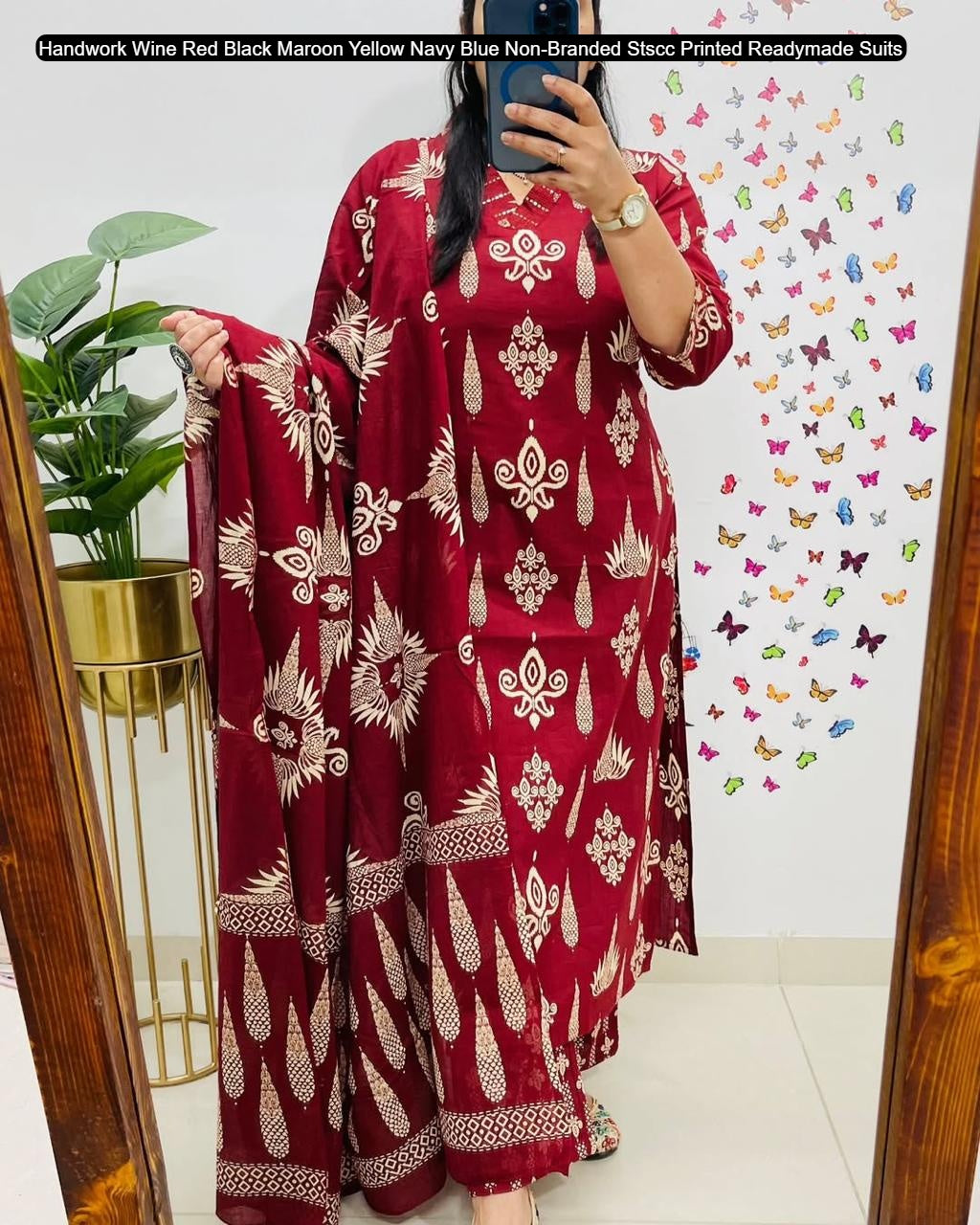 Handwork Wine Red Black Maroon Yellow Navy Blue Non-Branded Stscc Printed Readymade Suits
