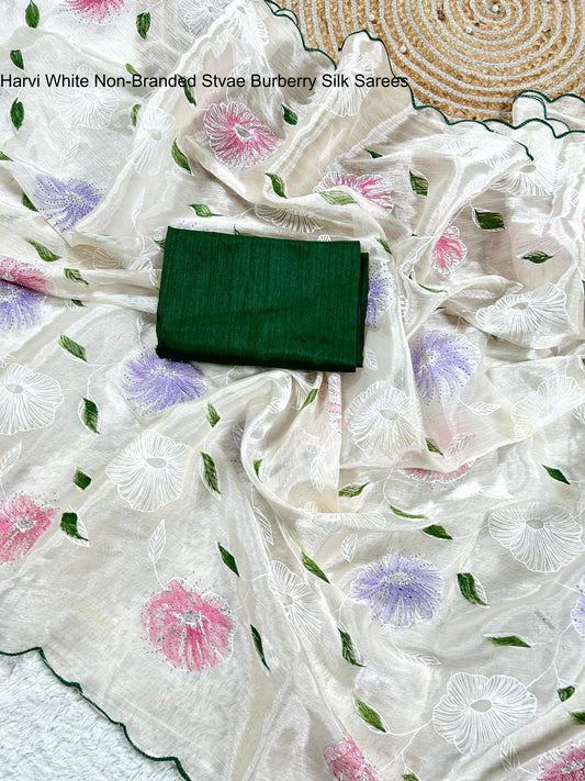 Harvi White Non-Branded Stvae Burberry Silk Sarees