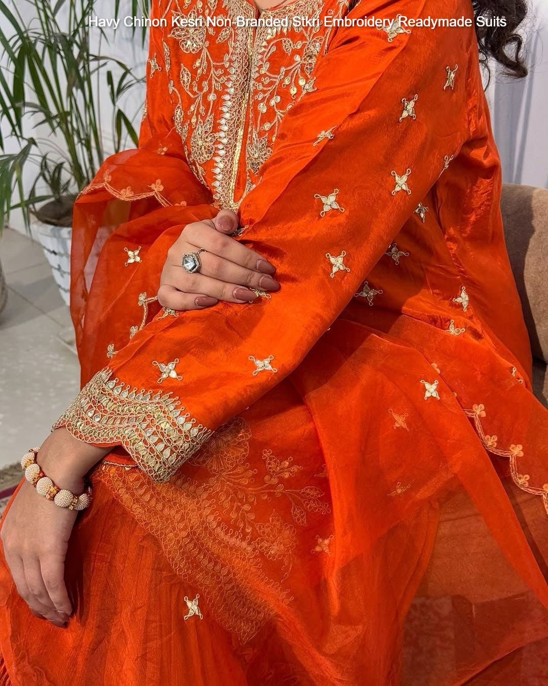 Havy Chinon Kesri Non-Branded Stkri Embroidery Readymade Suits