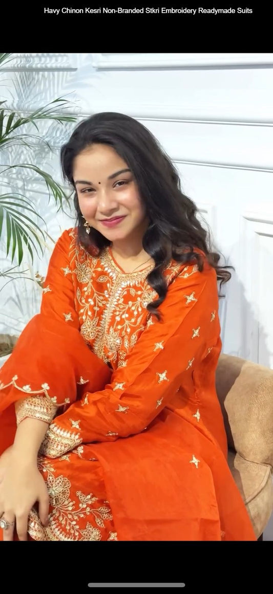 Havy Chinon Kesri Non-Branded Stkri Embroidery Readymade Suits
