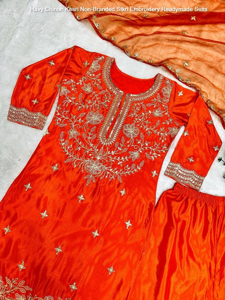 Havy Chinon Kesri Non-Branded Stkri Embroidery Readymade Suits