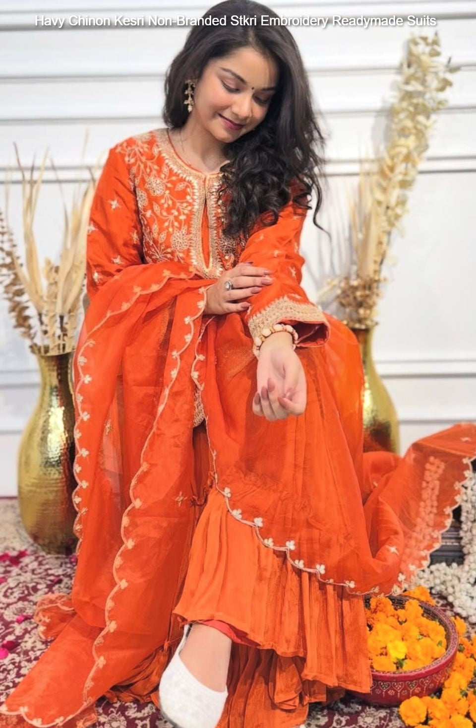 Havy Chinon Kesri Non-Branded Stkri Embroidery Readymade Suits