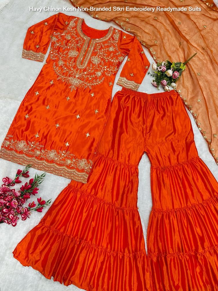 Havy Chinon Kesri Non-Branded Stkri Embroidery Readymade Suits
