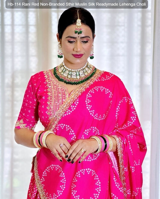 Hb-114 Rani Red Non-Branded Sthir Muslin Silk Readymade Lehenga Choli