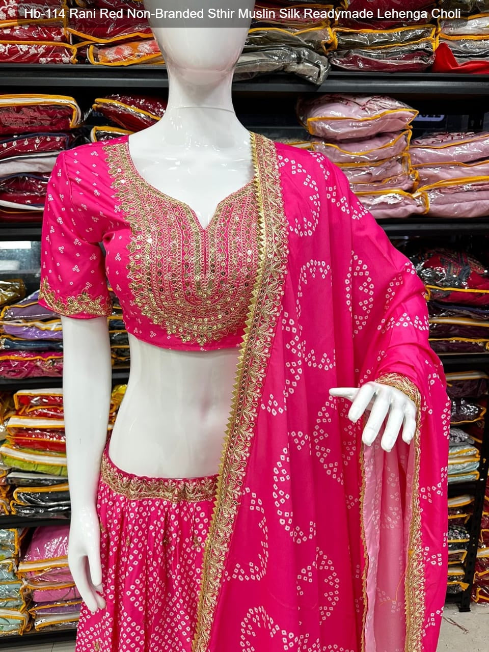 Hb-114 Rani Red Non-Branded Sthir Muslin Silk Readymade Lehenga Choli