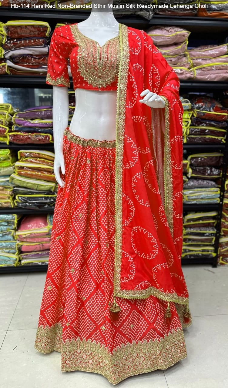 Hb-114 Rani Red Non-Branded Sthir Muslin Silk Readymade Lehenga Choli