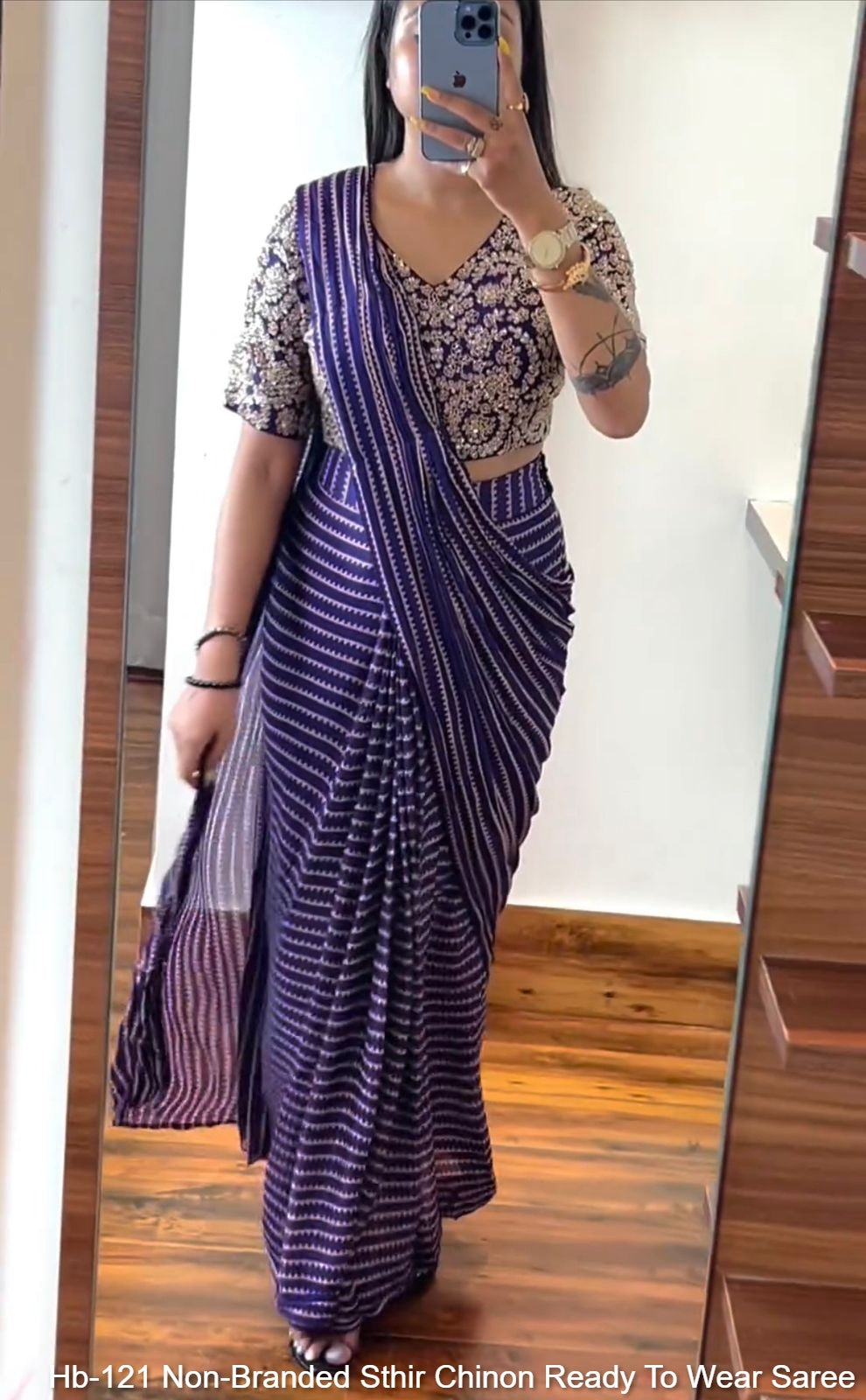 Hb-121 Non-Branded Sthir Chinon Ready To Wear Saree