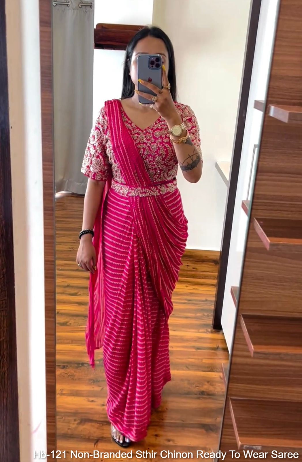 Hb-121 Non-Branded Sthir Chinon Ready To Wear Saree