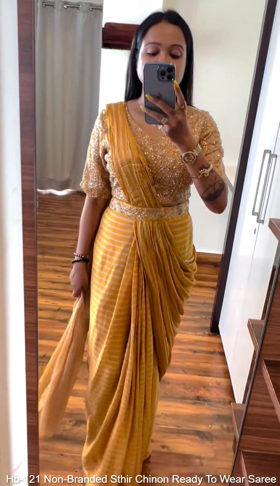 Hb-121 Non-Branded Sthir Chinon Ready To Wear Saree