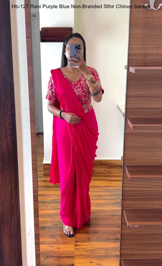 Hb-127 Rani Purple Blue Non-Branded Sthir Chinon Sarees