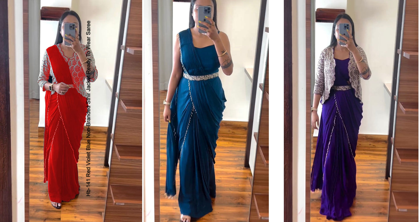 Hb-141 Red Violet Blue Non-Branded Sthir Jacket Ready To Wear Saree