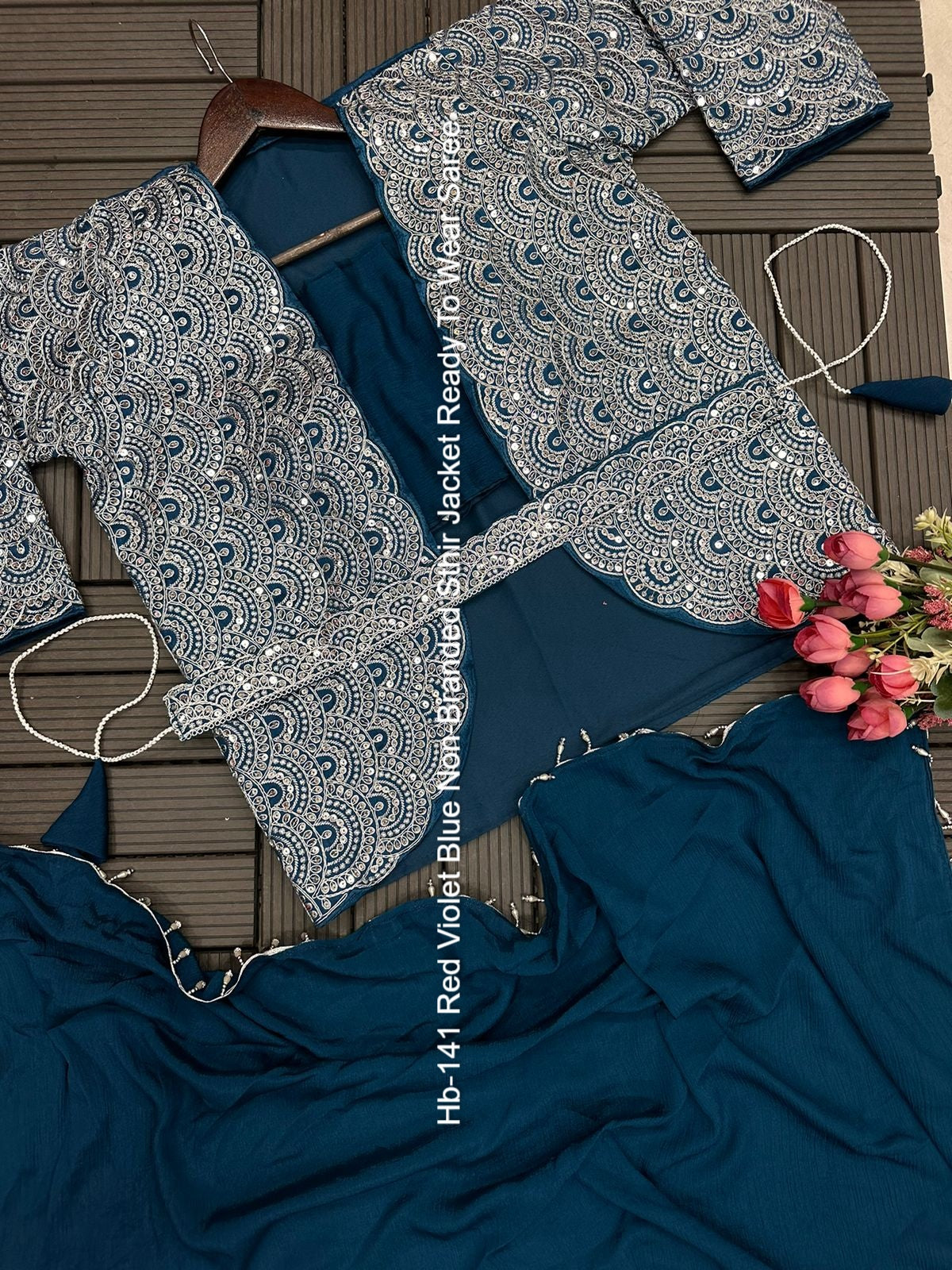 Hb-141 Red Violet Blue Non-Branded Sthir Jacket Ready To Wear Saree