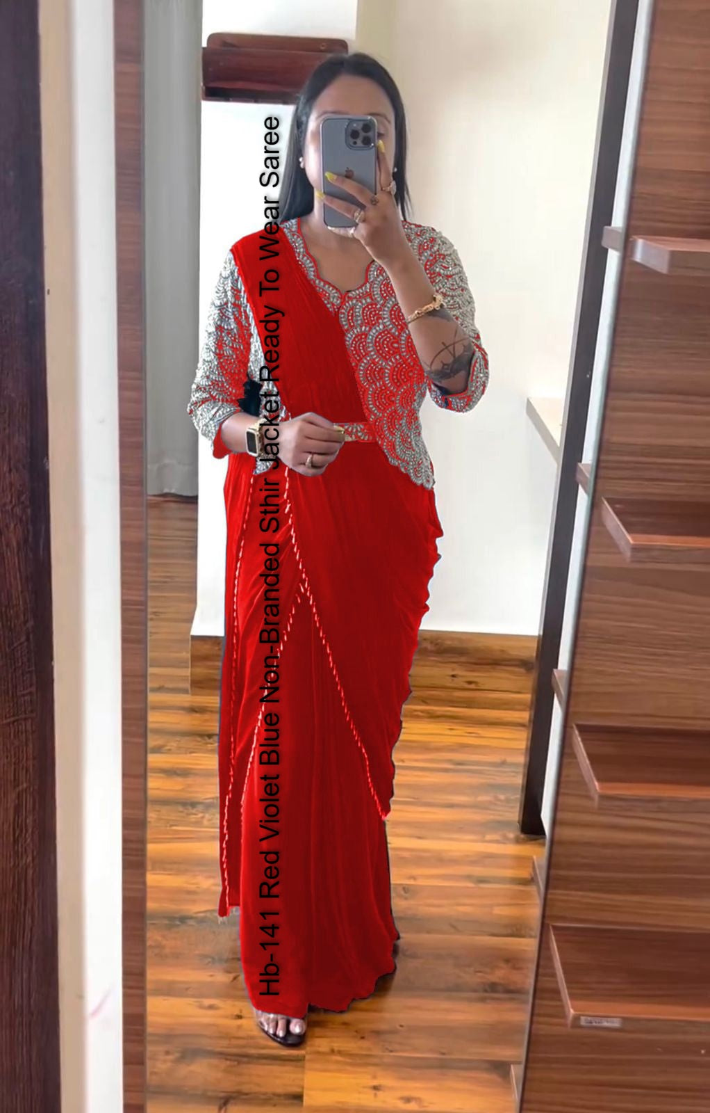 Hb-141 Red Violet Blue Non-Branded Sthir Jacket Ready To Wear Saree