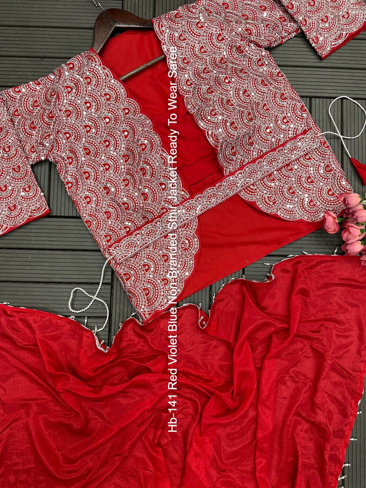 Hb-141 Red Violet Blue Non-Branded Sthir Jacket Ready To Wear Saree