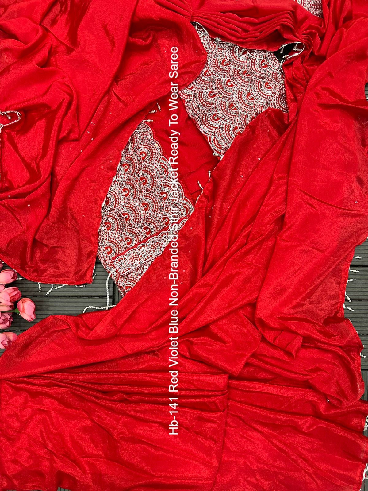 Hb-141 Red Violet Blue Non-Branded Sthir Jacket Ready To Wear Saree