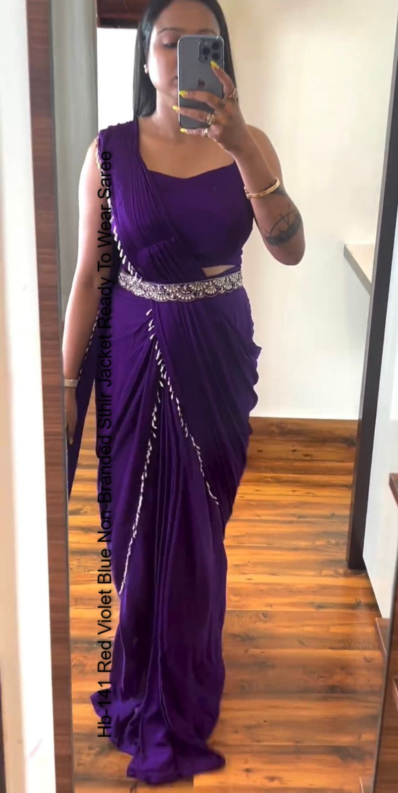 Hb-141 Red Violet Blue Non-Branded Sthir Jacket Ready To Wear Saree