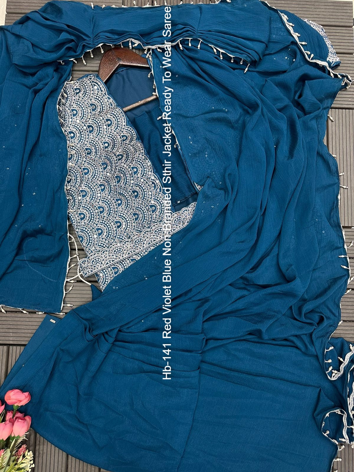 Hb-141 Red Violet Blue Non-Branded Sthir Jacket Ready To Wear Saree