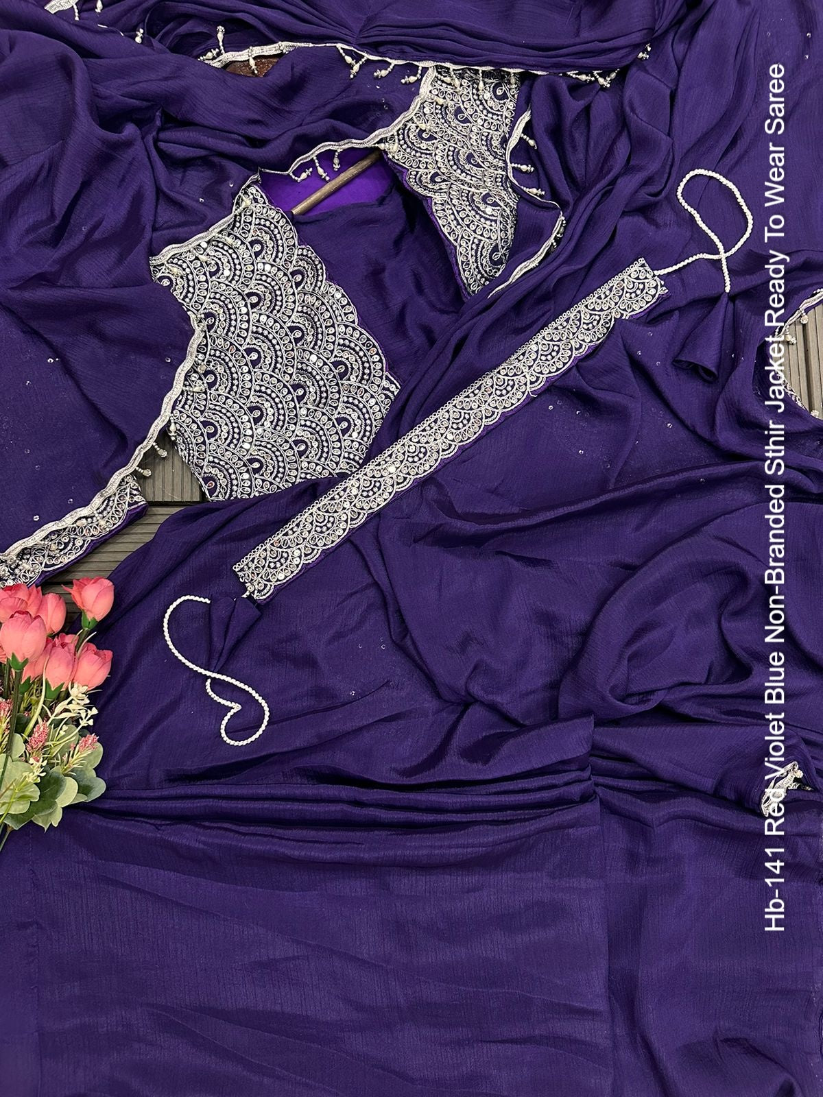 Hb-141 Red Violet Blue Non-Branded Sthir Jacket Ready To Wear Saree