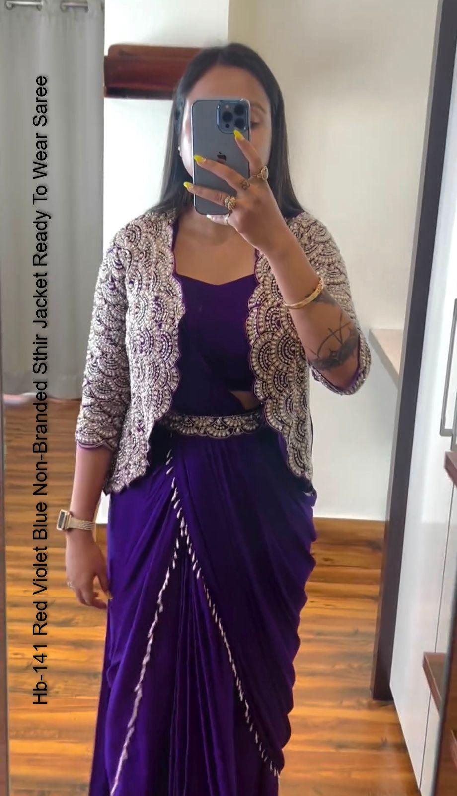 Hb-141 Red Violet Blue Non-Branded Sthir Jacket Ready To Wear Saree