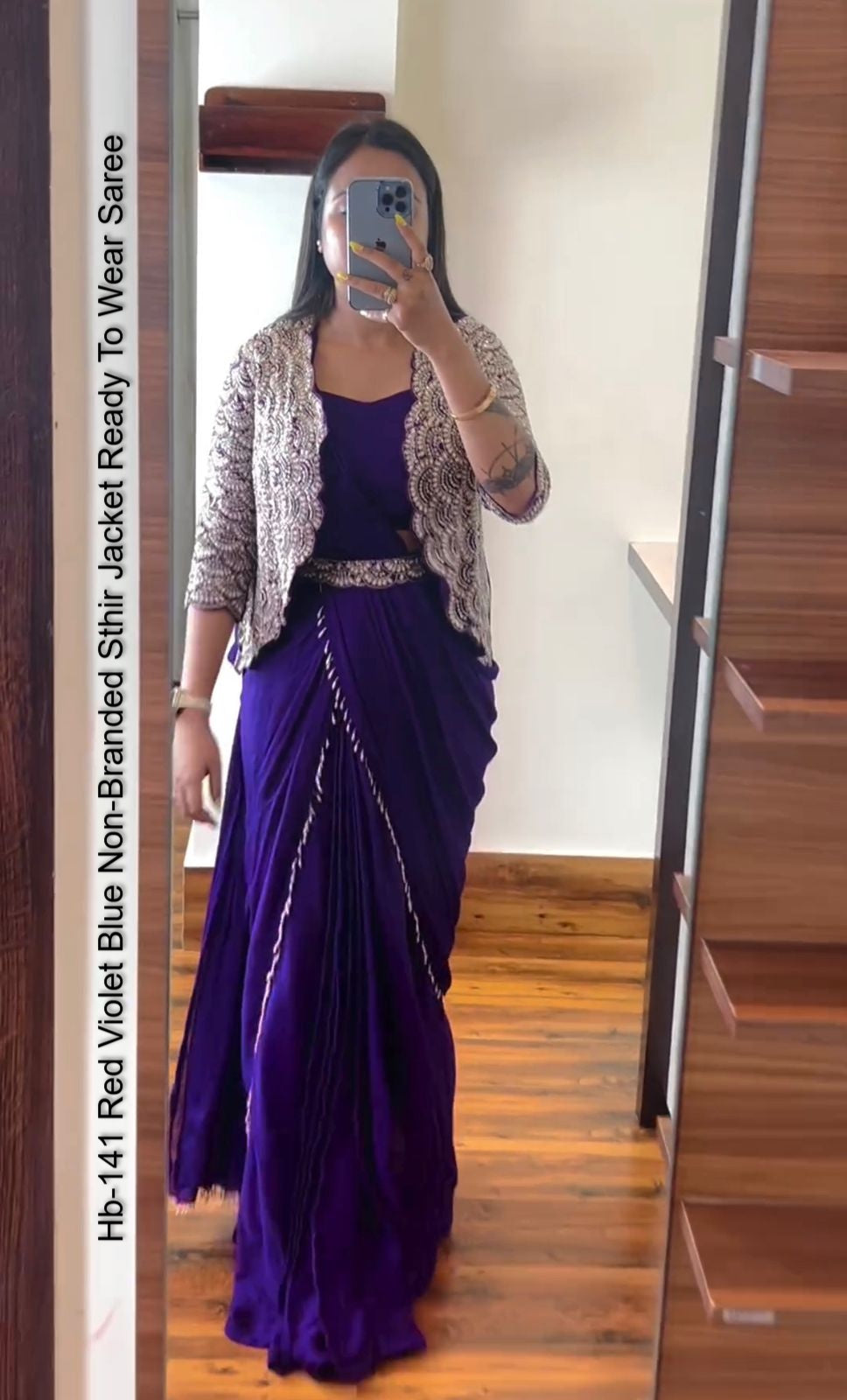Hb-141 Red Violet Blue Non-Branded Sthir Jacket Ready To Wear Saree