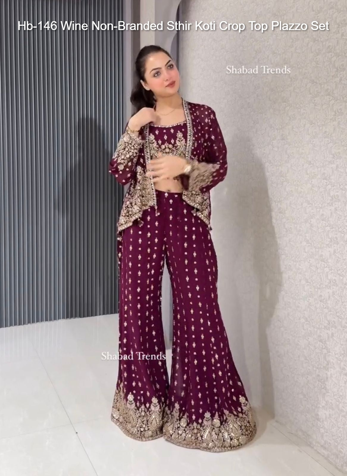 Hb-146 Wine Non-Branded Sthir Koti Crop Top Plazzo Set