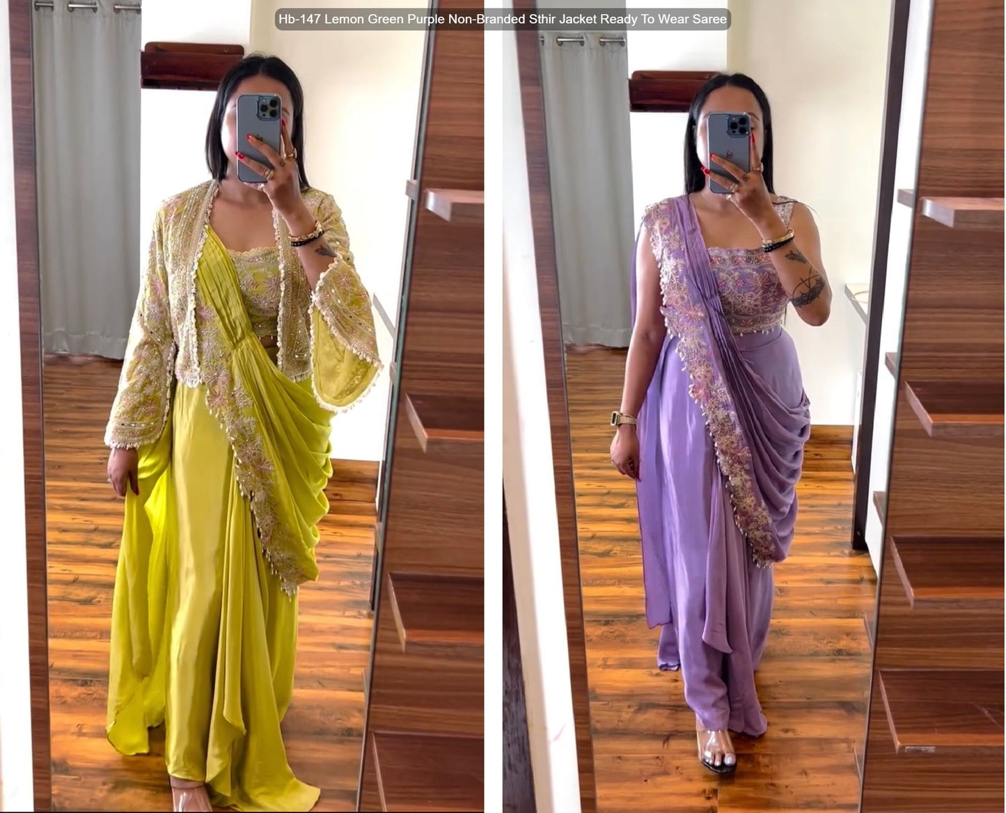Hb-147 Lemon Green Purple Non-Branded Sthir Jacket Ready To Wear Saree