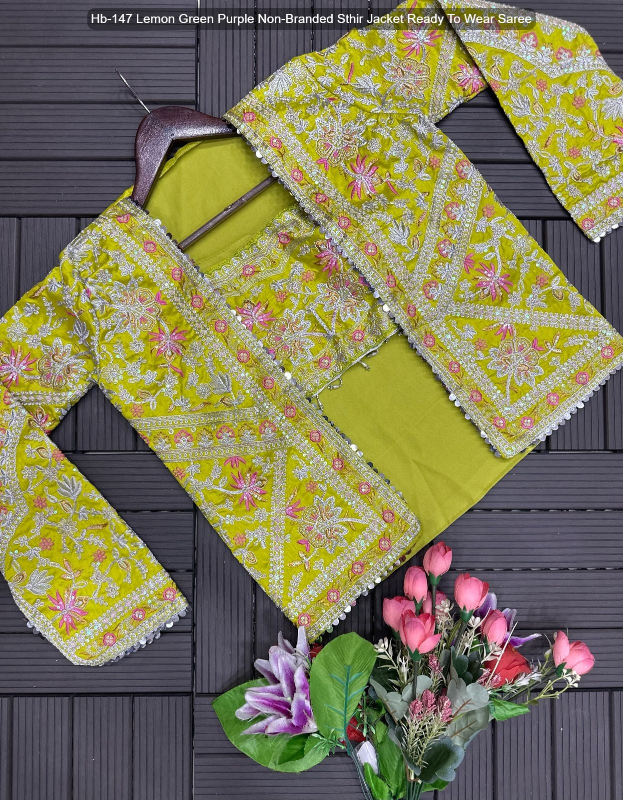 Hb-147 Lemon Green Purple Non-Branded Sthir Jacket Ready To Wear Saree
