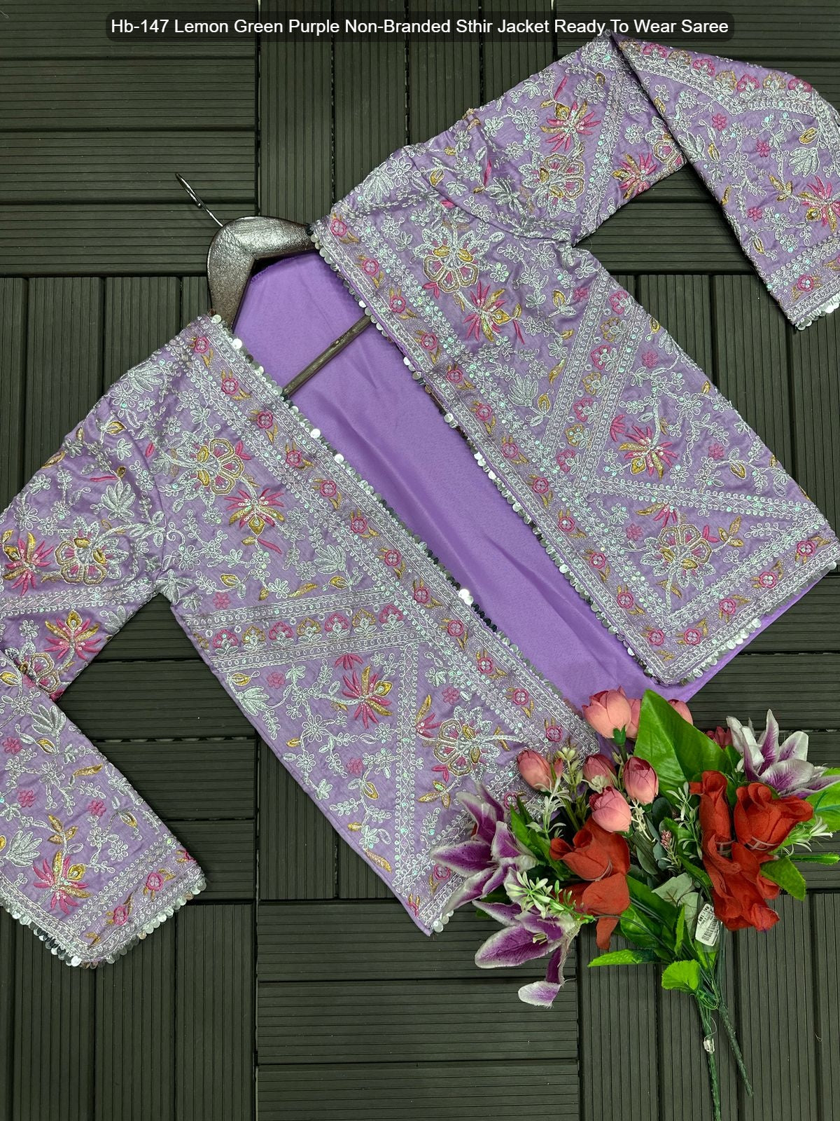 Hb-147 Lemon Green Purple Non-Branded Sthir Jacket Ready To Wear Saree