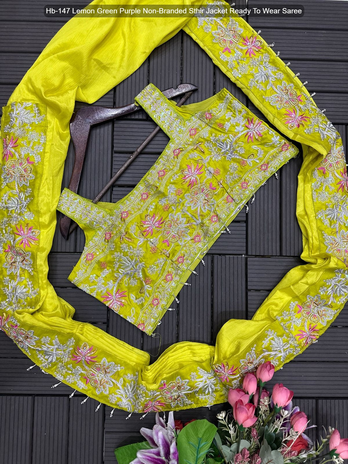 Hb-147 Lemon Green Purple Non-Branded Sthir Jacket Ready To Wear Saree